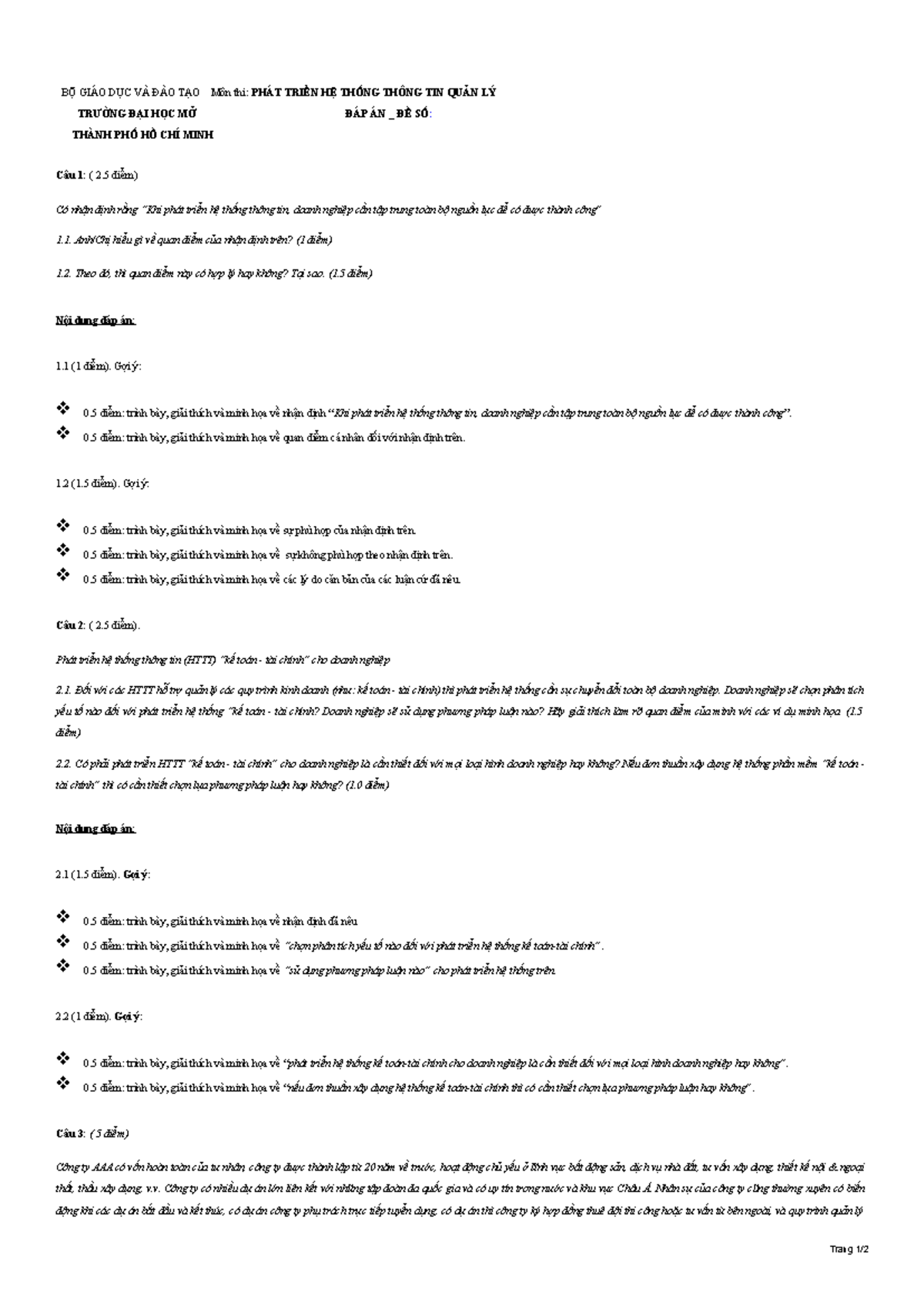 Đáp án Đề thi Phát Triển Hệ Thống Thông Tin Quản Lý HK3 2122 - Document Preview