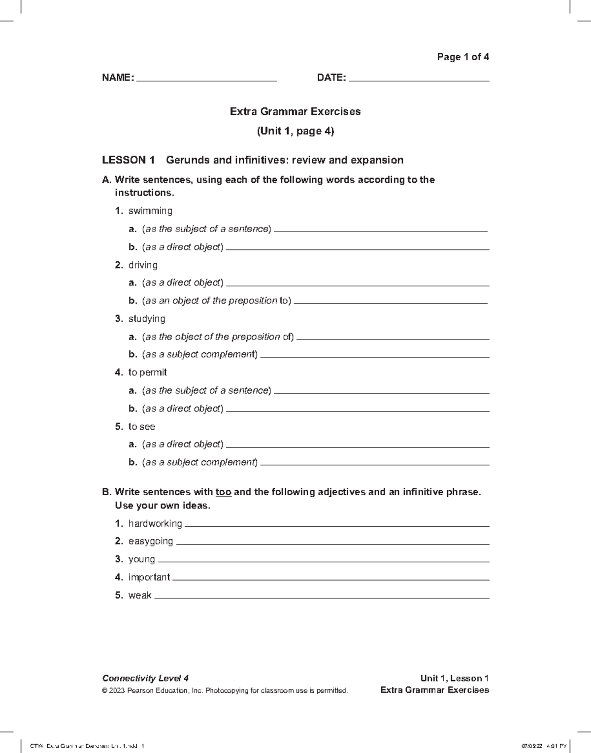 CTY4 Extra Grammar Exercises Unit 1 - NAME: DATE: Connectivity Level 4 ...