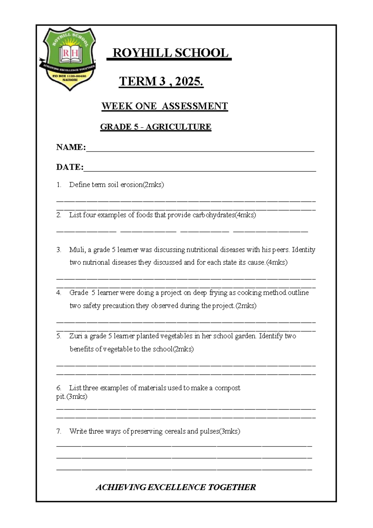Grade 5 Agriculture Term 3 Week 1 Assessment 2025 - Studocu