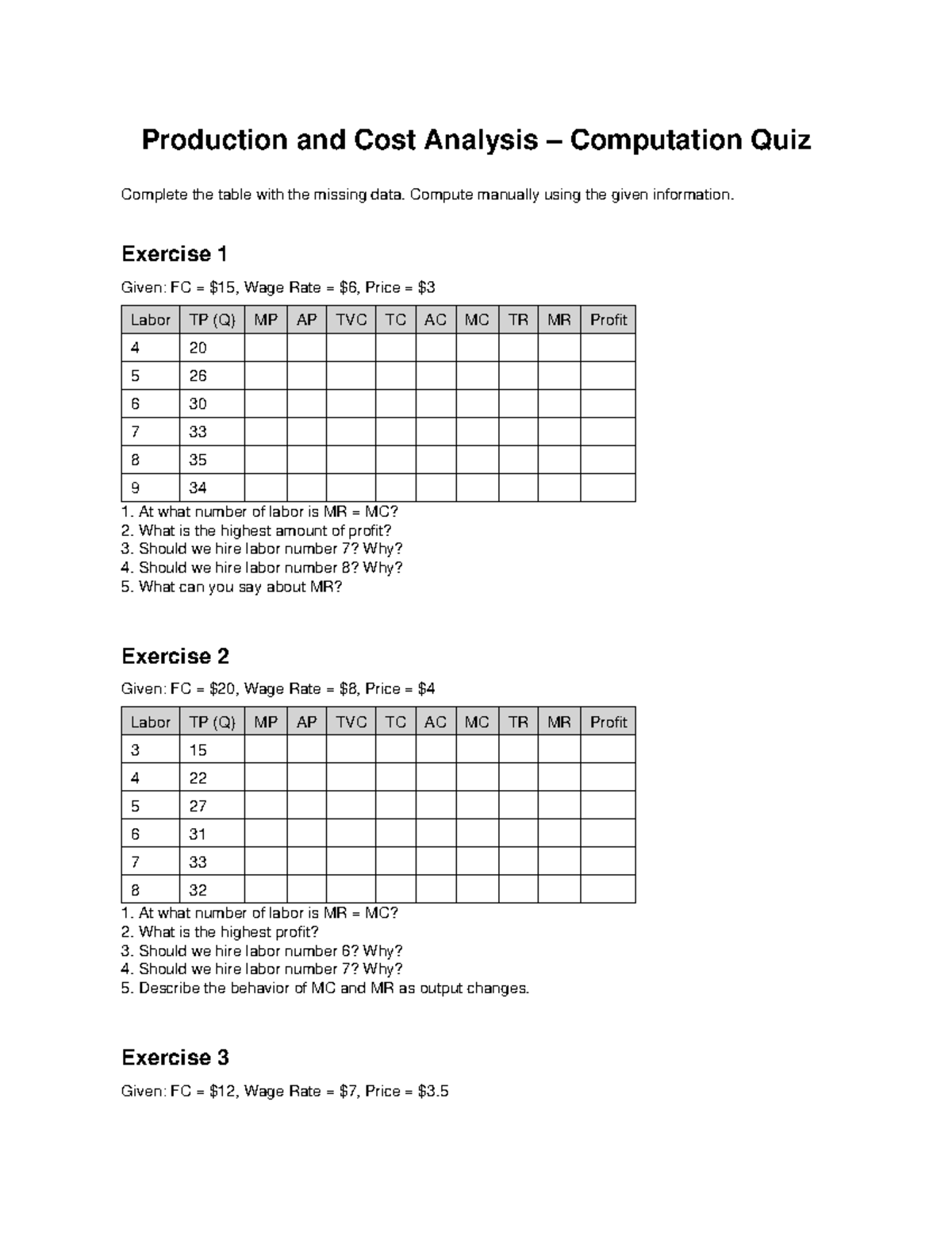 Production and Cost Analysis Computation Quiz: Data Completion Exercise ...