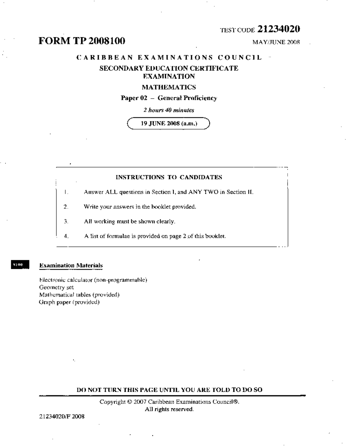 CSEC MATHEMATICS P2 June 2008 - General Proficiency Exam Paper - Studocu