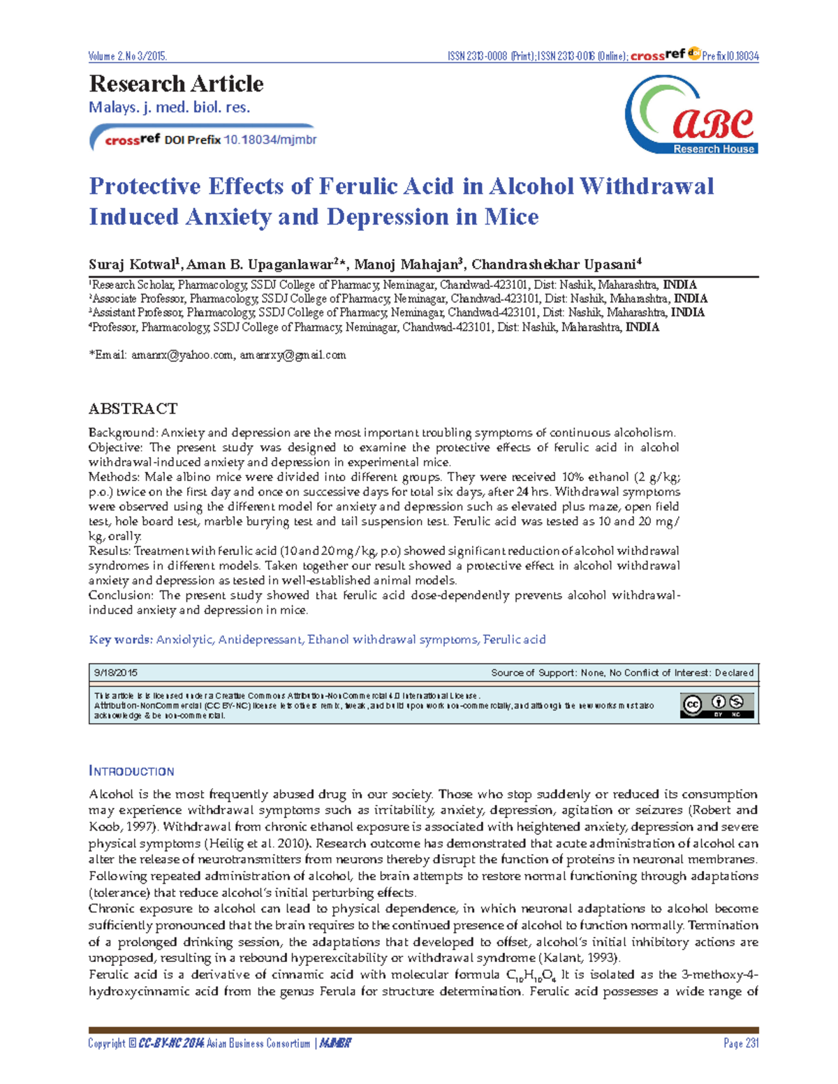 Protective Effects of Ferulic Acid on Alcohol Withdrawal-Induced ...