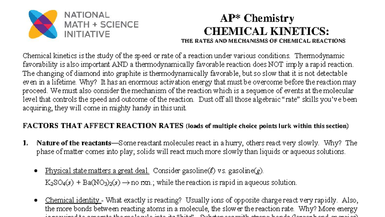 Chemical Kinetics CHEM 101: Rates and Mechanisms of Reactions - Studocu