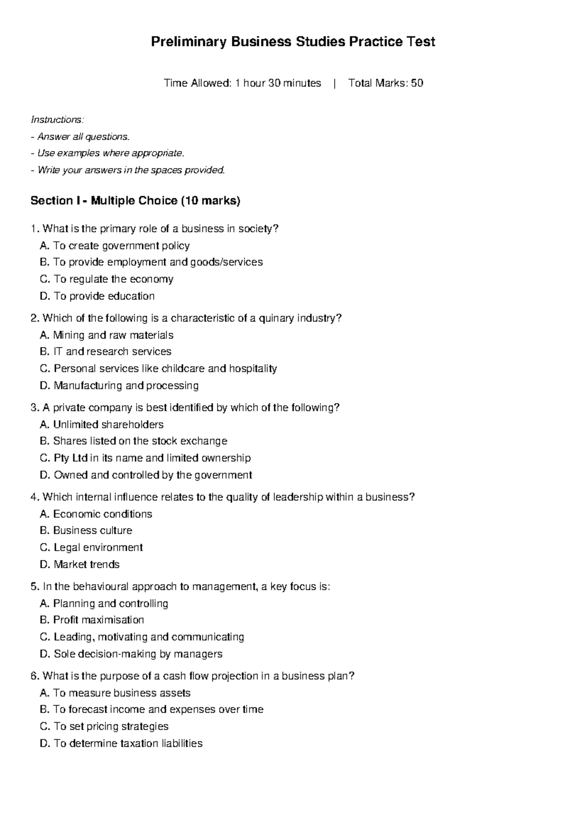 Preliminary Business Studies Practice Test (BUS101) - Practice ...