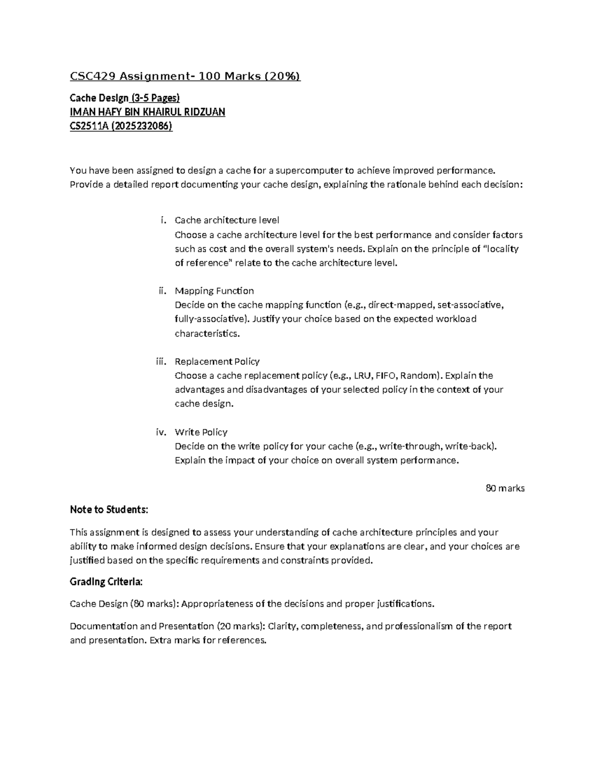 CSC429 Cache Design Report for Supercomputer Performance - Studocu