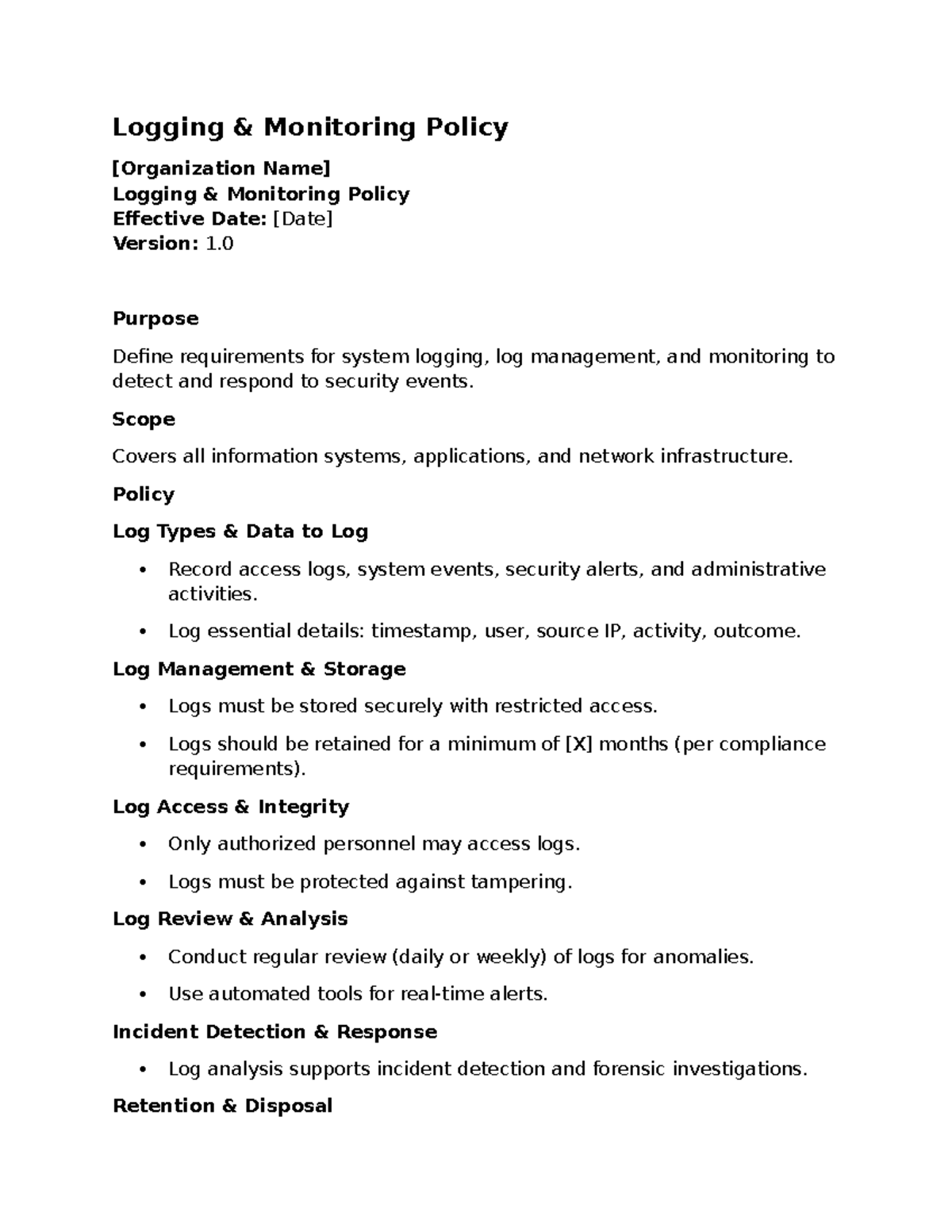 Logging & Monitoring Policy v1.0: Security Event Management - Studocu