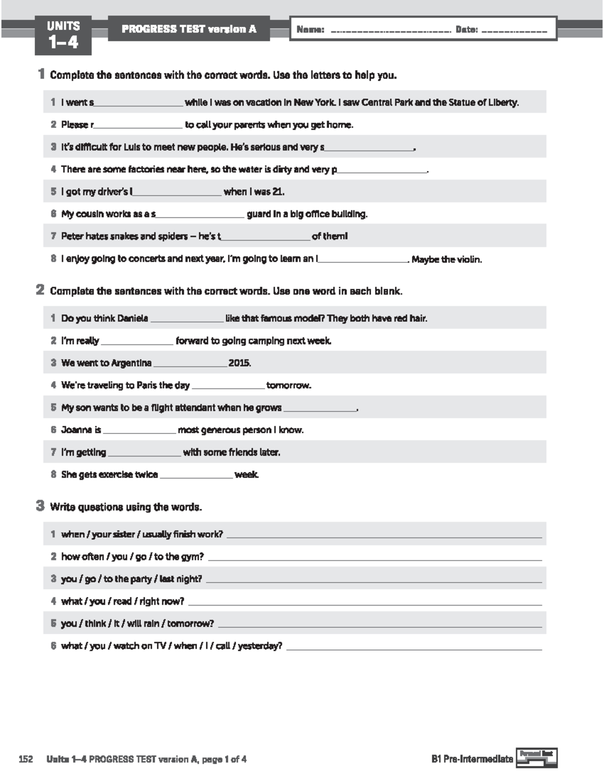 B1 Personal Best Progress Test - Multiple Choice Version A - Studocu