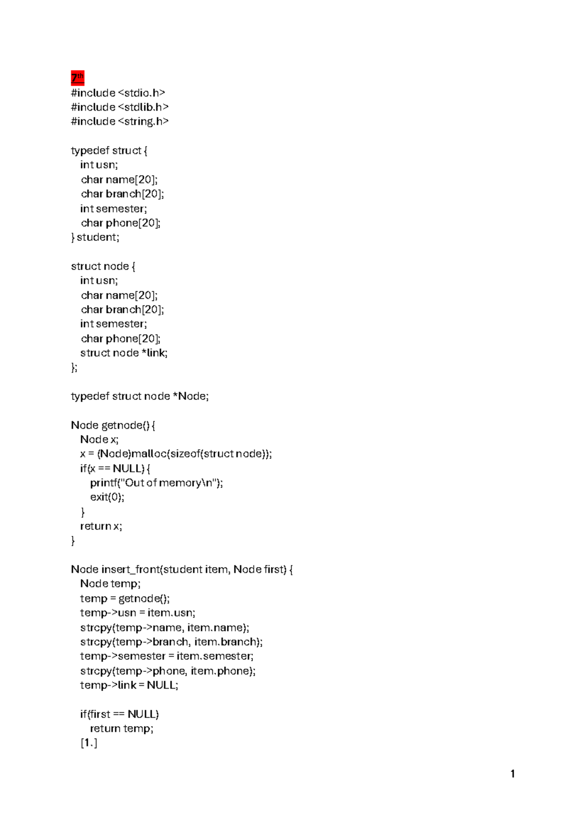 7th - C Programming: Linked List Operations and Functions - Studocu