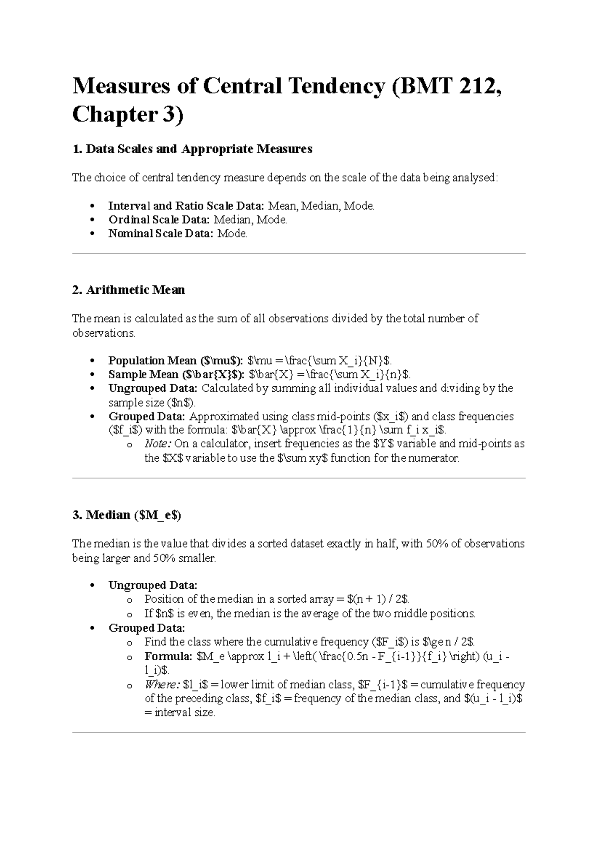 Measures of Central Tendency (BMT 212, Chapter 3 Notes) - Studocu
