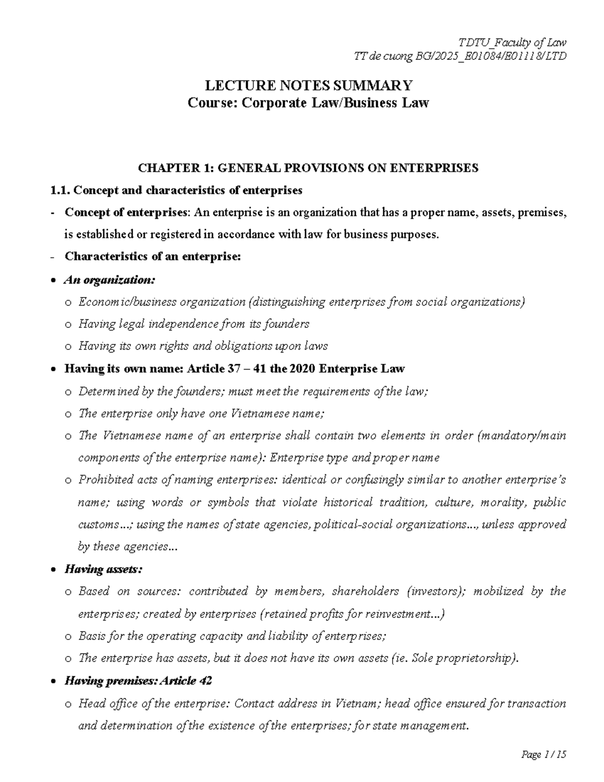 TDTU_Corporate Law LECTURE NOTES SUMMARY: General Provisions on ...