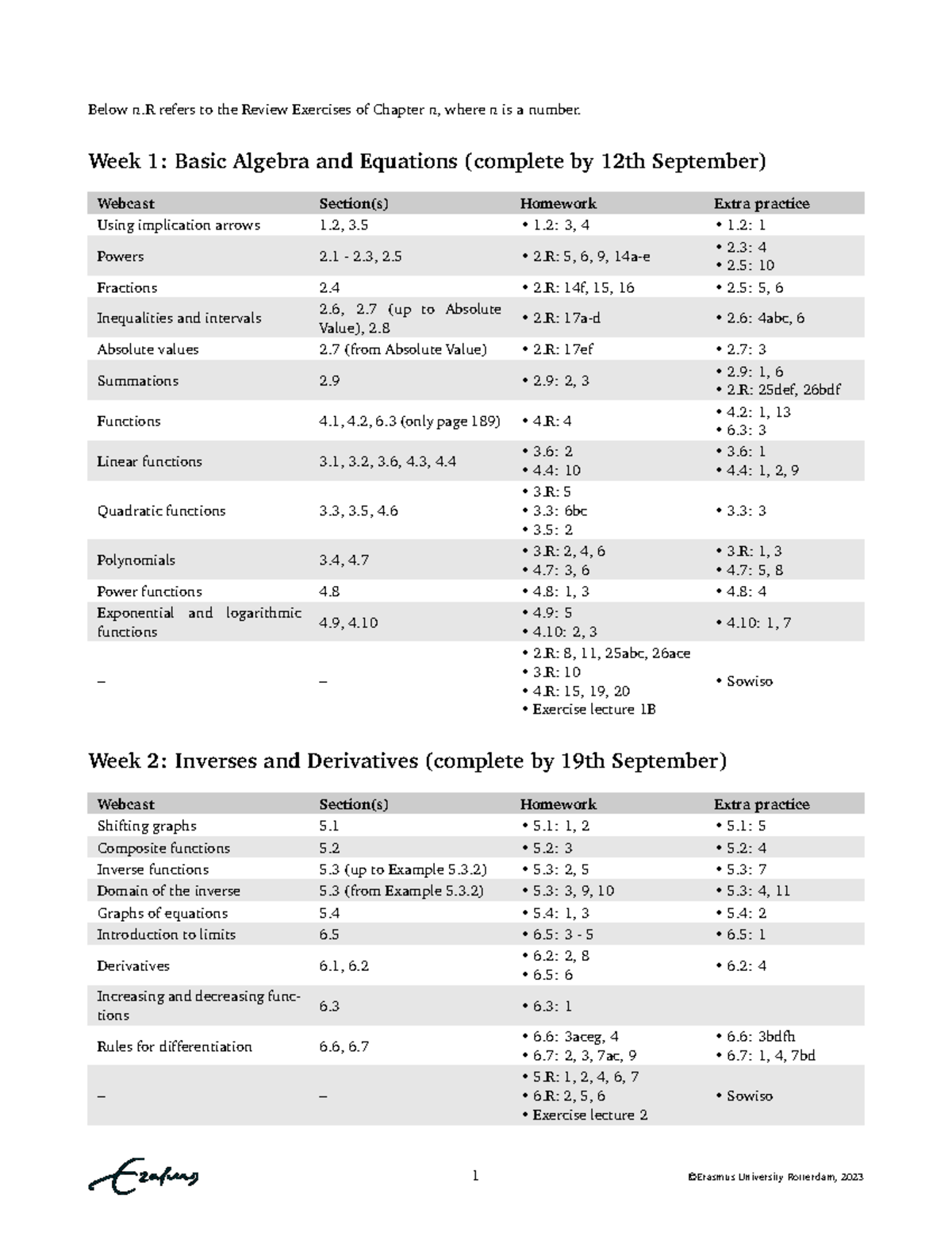 Study Schedule for Math Course - Week 1 to Week 4 (2023) - Studeersnel