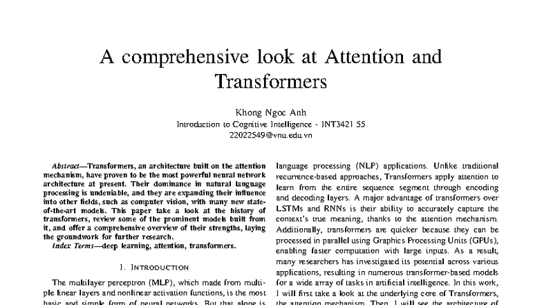 A Comprehensive Overview of Attention and Transformers in INT3421 - Studocu
