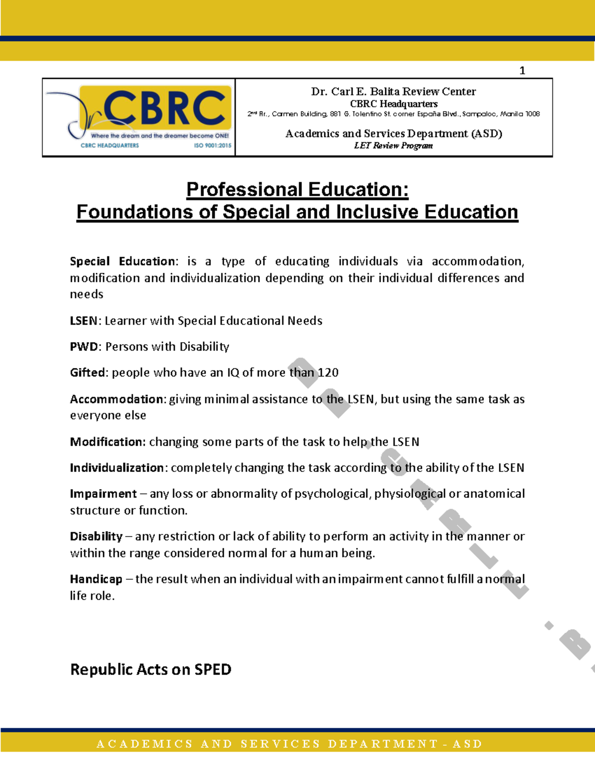 PED10 Handout: Foundations of Special and Inclusive Education - Studocu