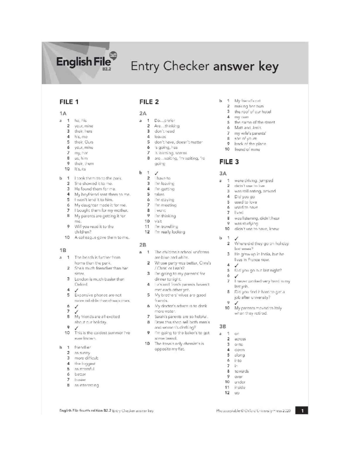 English File B2.2 Entry Checker Answer Key - Files 1 to 10 - Studocu