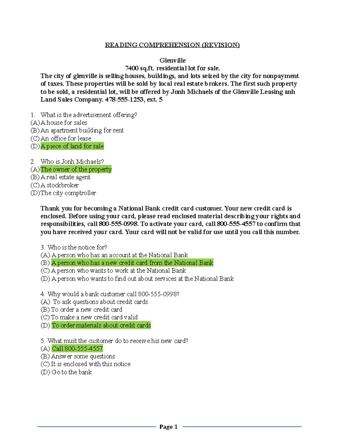 PART 7: Reading Comprehension Practice and Sample Questions - Studocu