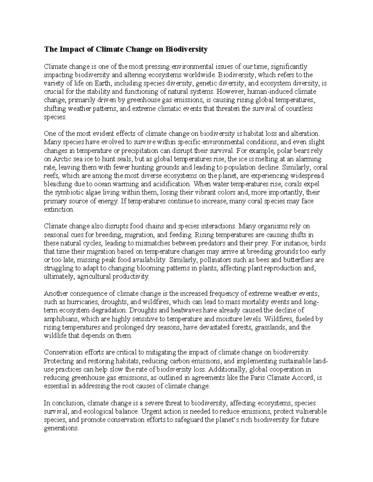 he Impact of Climate Change on Biodiversity.docx - The Impact of ...