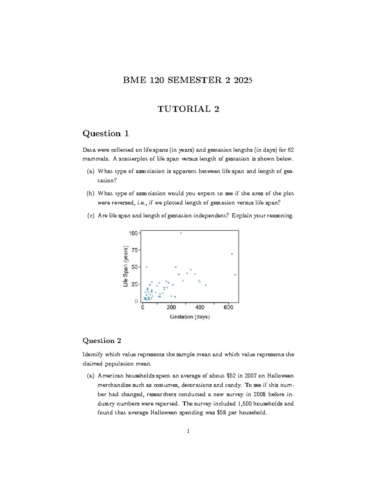 BME 120 Semester 2 2025 Tutorial 2 Worksheet on Data Analysis - Studocu