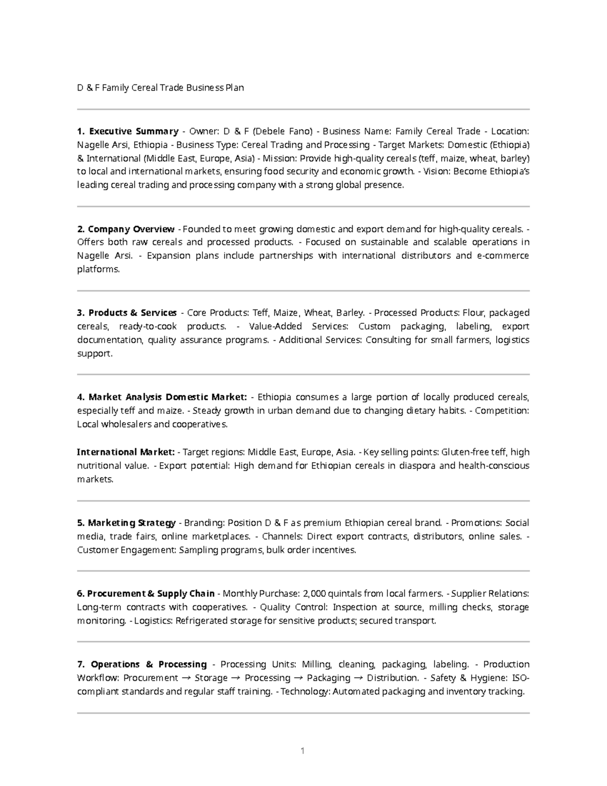 CERE 101: Family Cereal Trade Business Plan Overview - Studocu