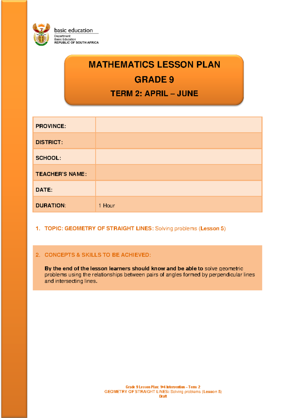 Grade 9 Mathematics Lesson Plan: Geometry of Straight Lines (Term 2 ...