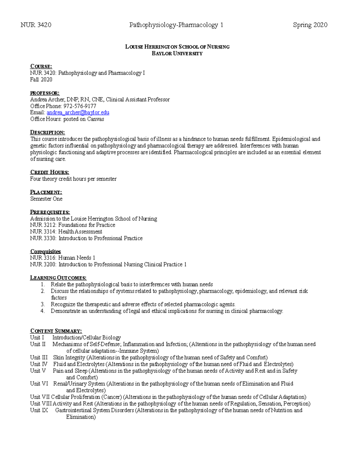 Syllabus Summary for NUR 3420: Pathophysiology & Pharmacology I - Studocu