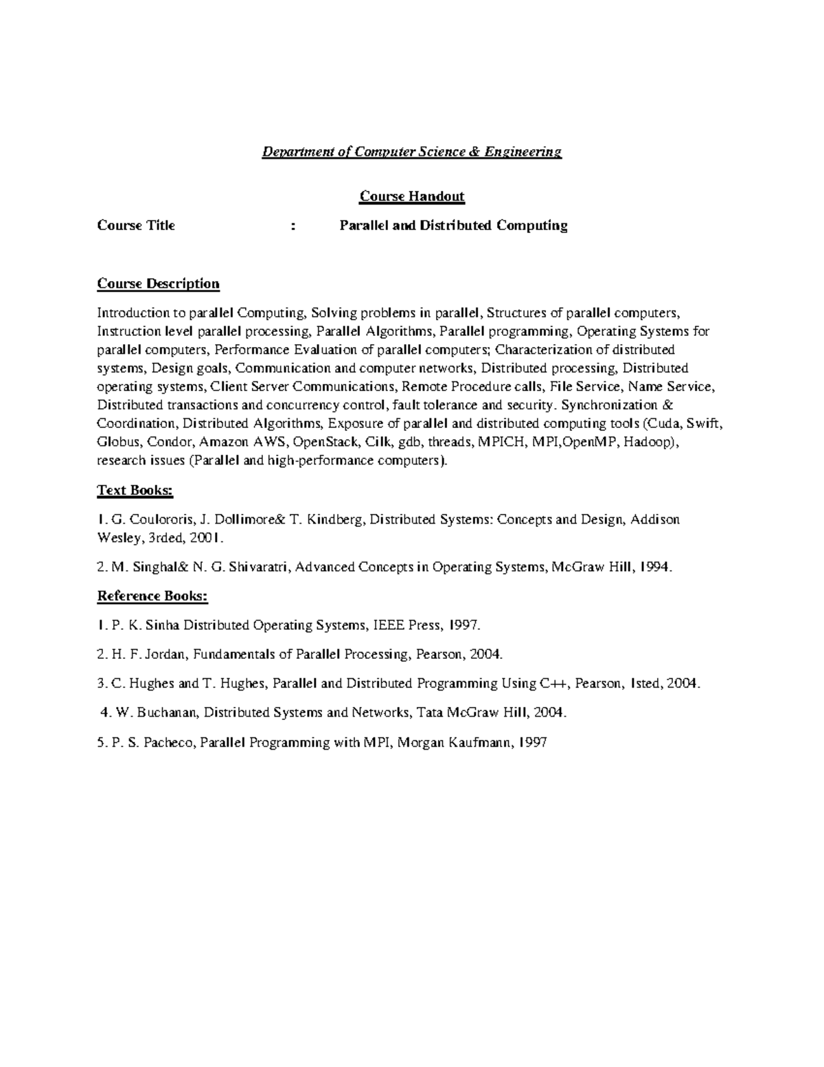 CSE 442995541 Parallel and Distributed Computing Course Handout - Studocu