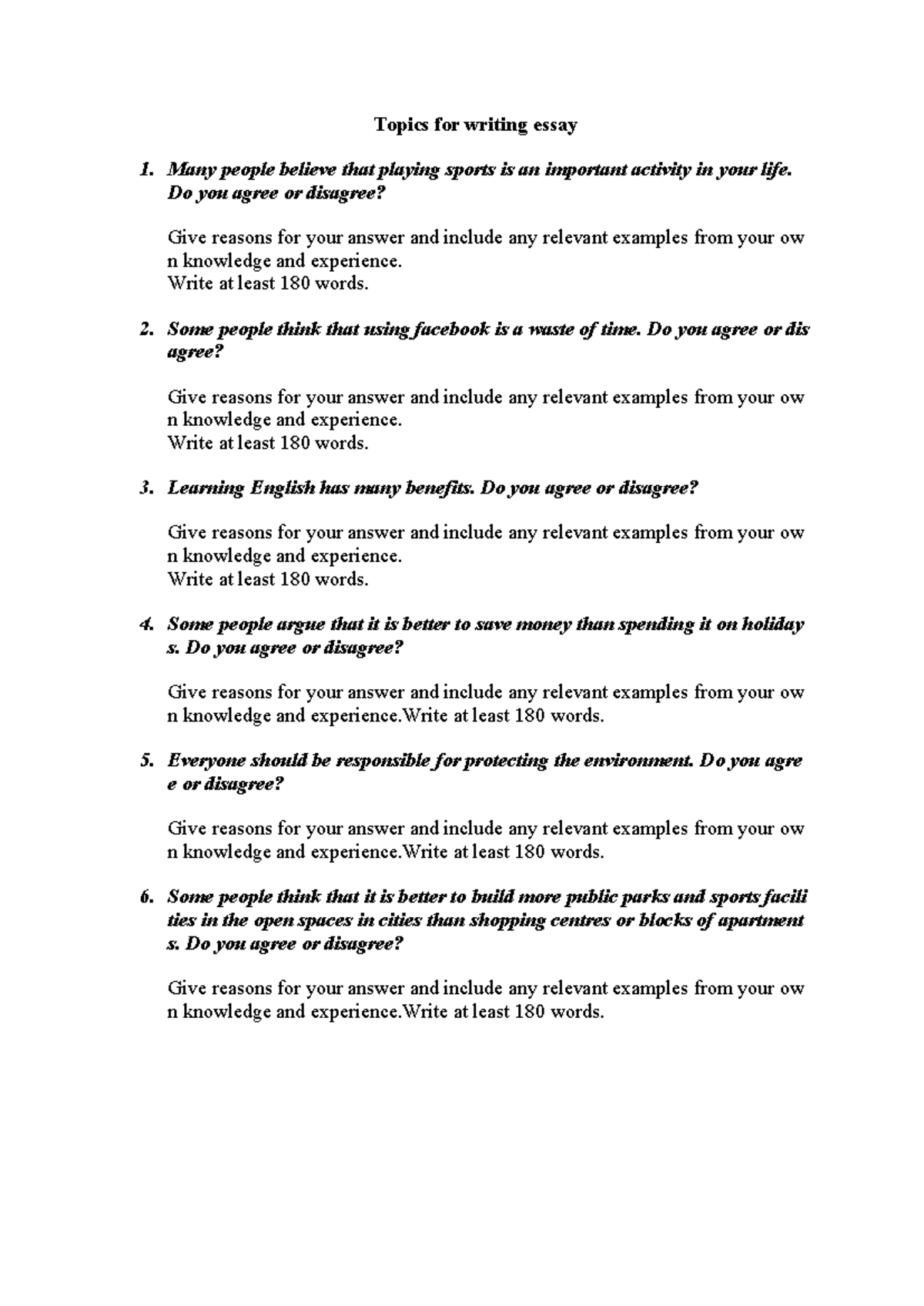 Essay Topics for Writing - Final Exam - Studocu