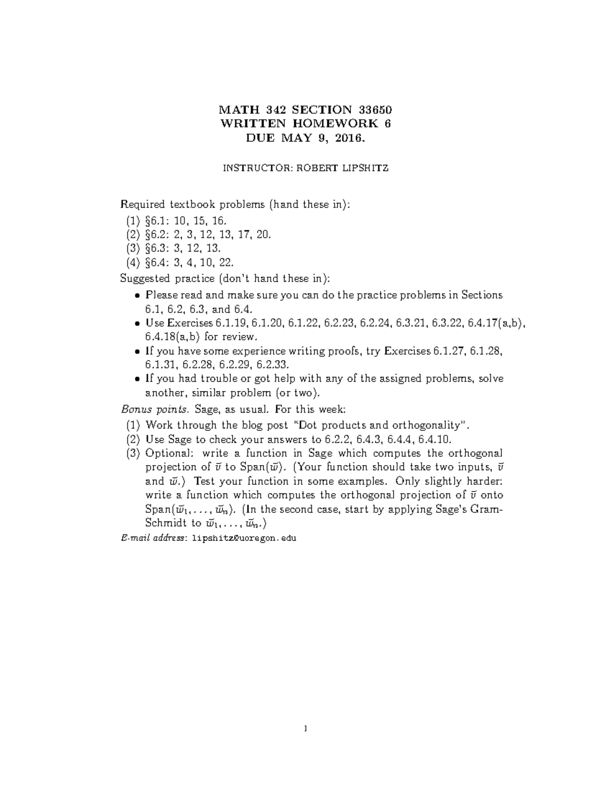 HW6 - Homework assignment 6 - MATH 342 SECTION 33650 WRITTEN HOMEWORK 6 ...