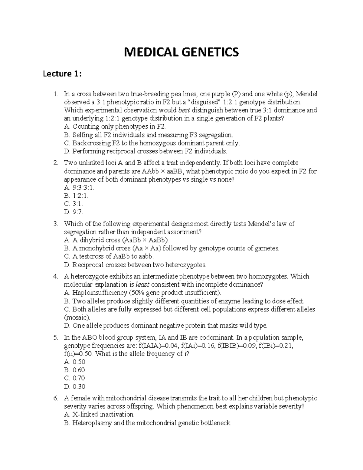 Medical Genetics (MEDG 101) Lecture 1: Key Concepts and Questions - Studocu