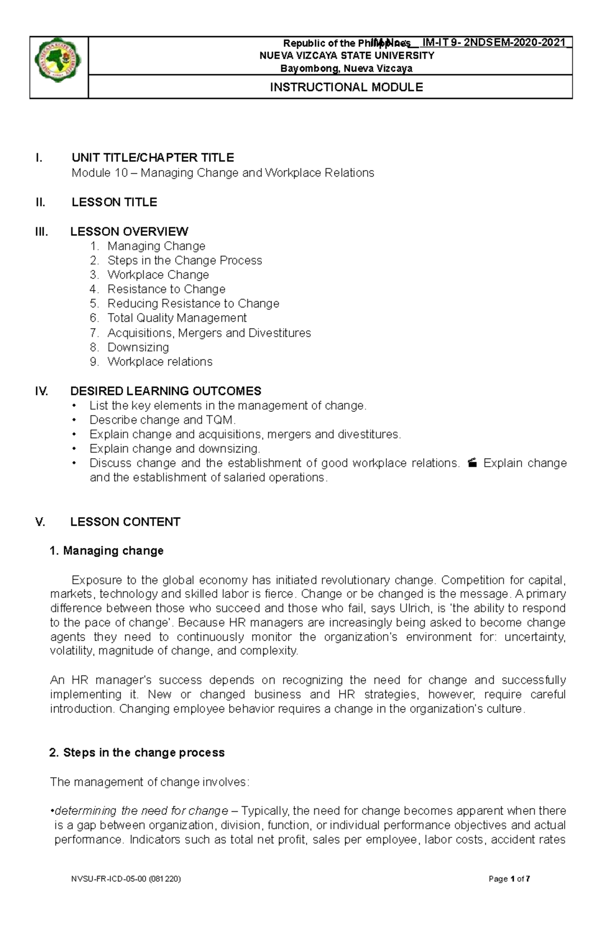 Managing Change: Strategies, Processes, & Workplace Relations - Module ...