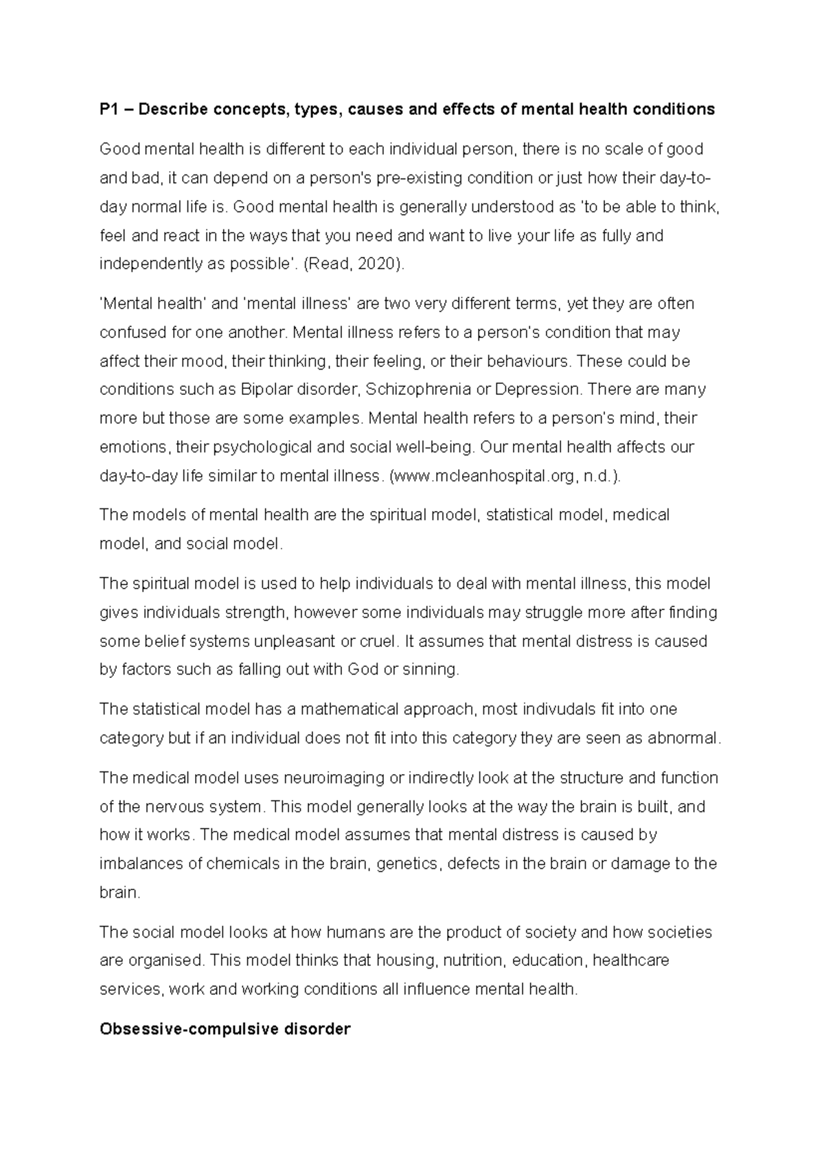 P1 - Unit 17: Concepts and Effects of Mental Health Conditions - Studocu