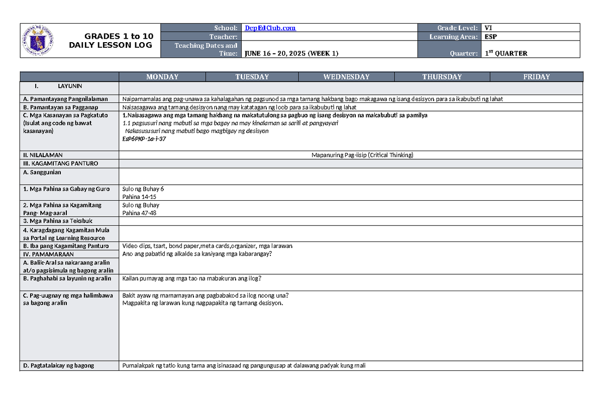 DLL ESP 6 Q1 W1 - Daily Lesson Log for Week 1 - Studocu