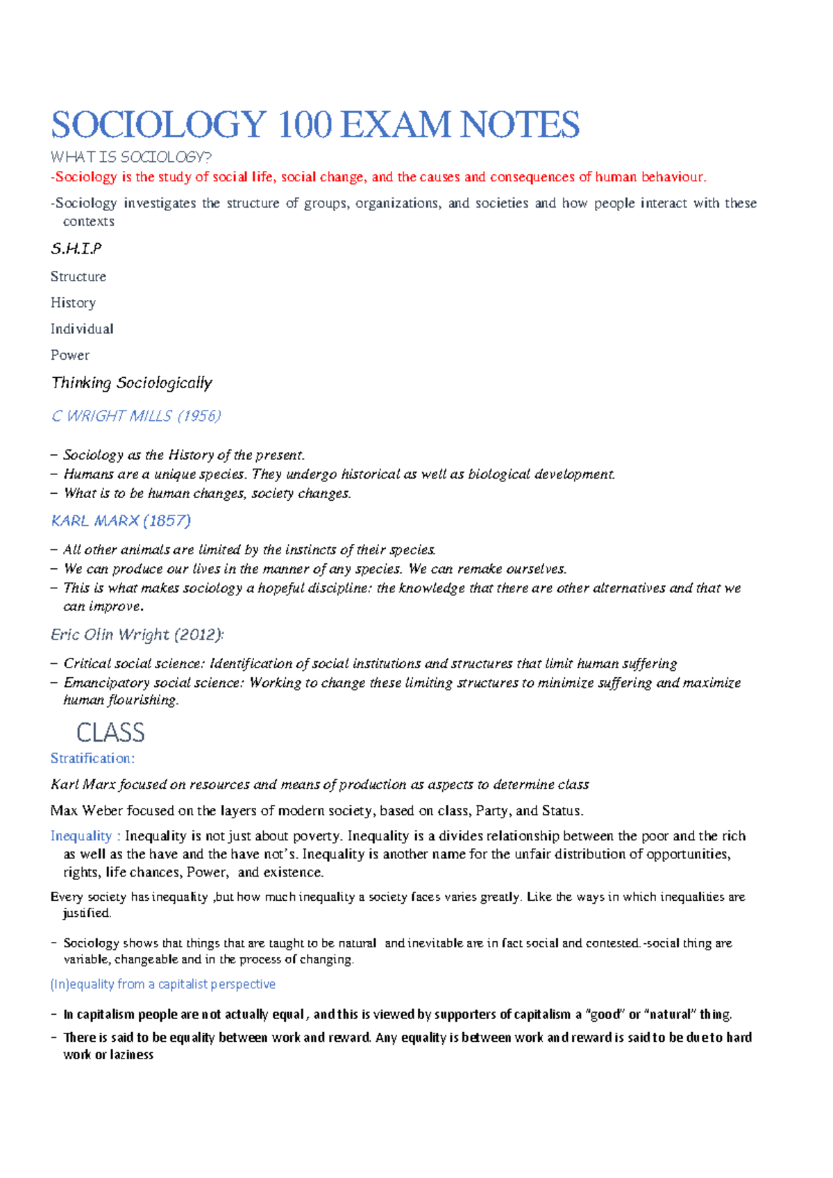 Sociol 100 Final Exam Notes on Key Sociological Theories & Concepts ...