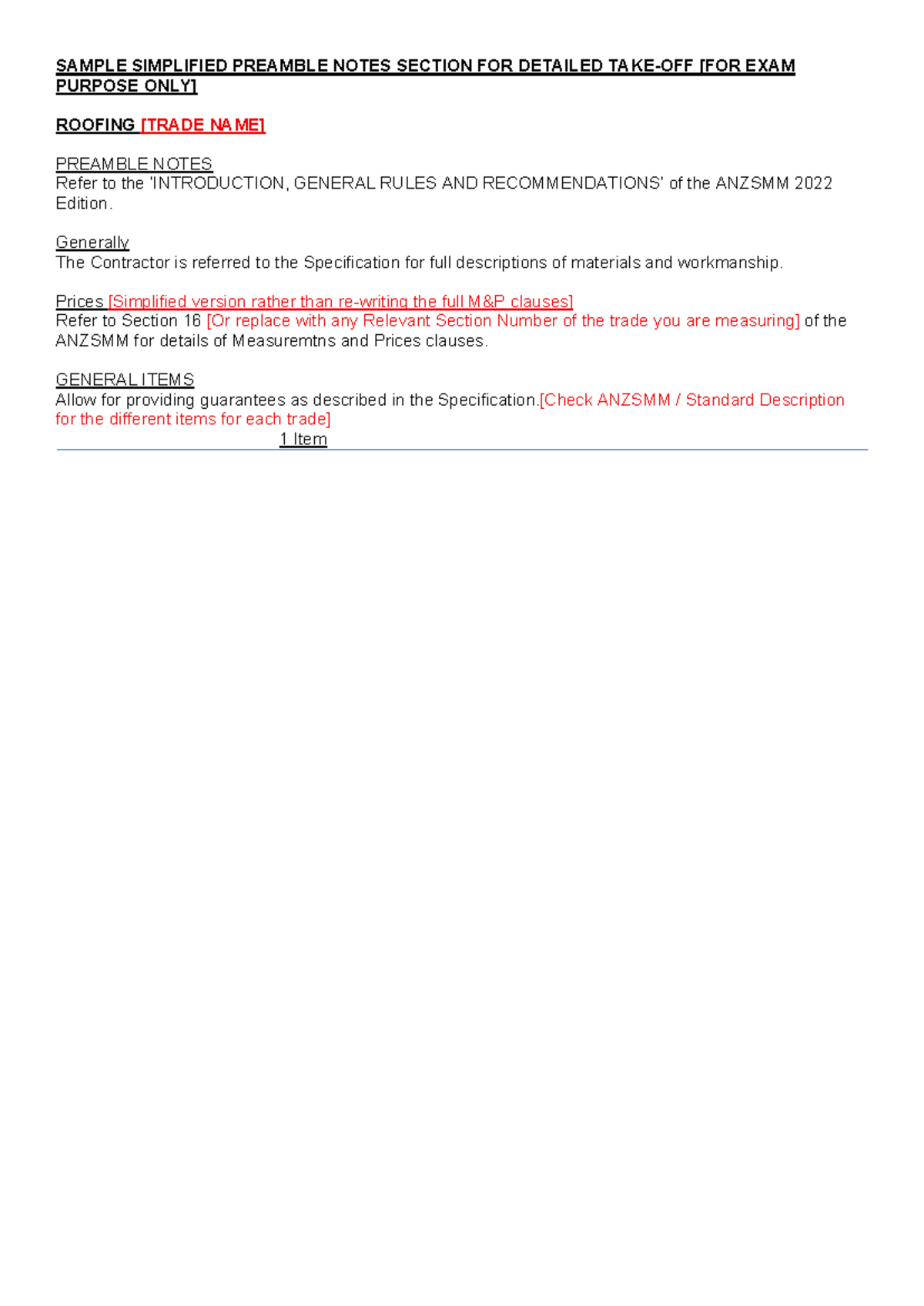 QUT Sample Description for Preamble Notes for Detailed Take-Off ...