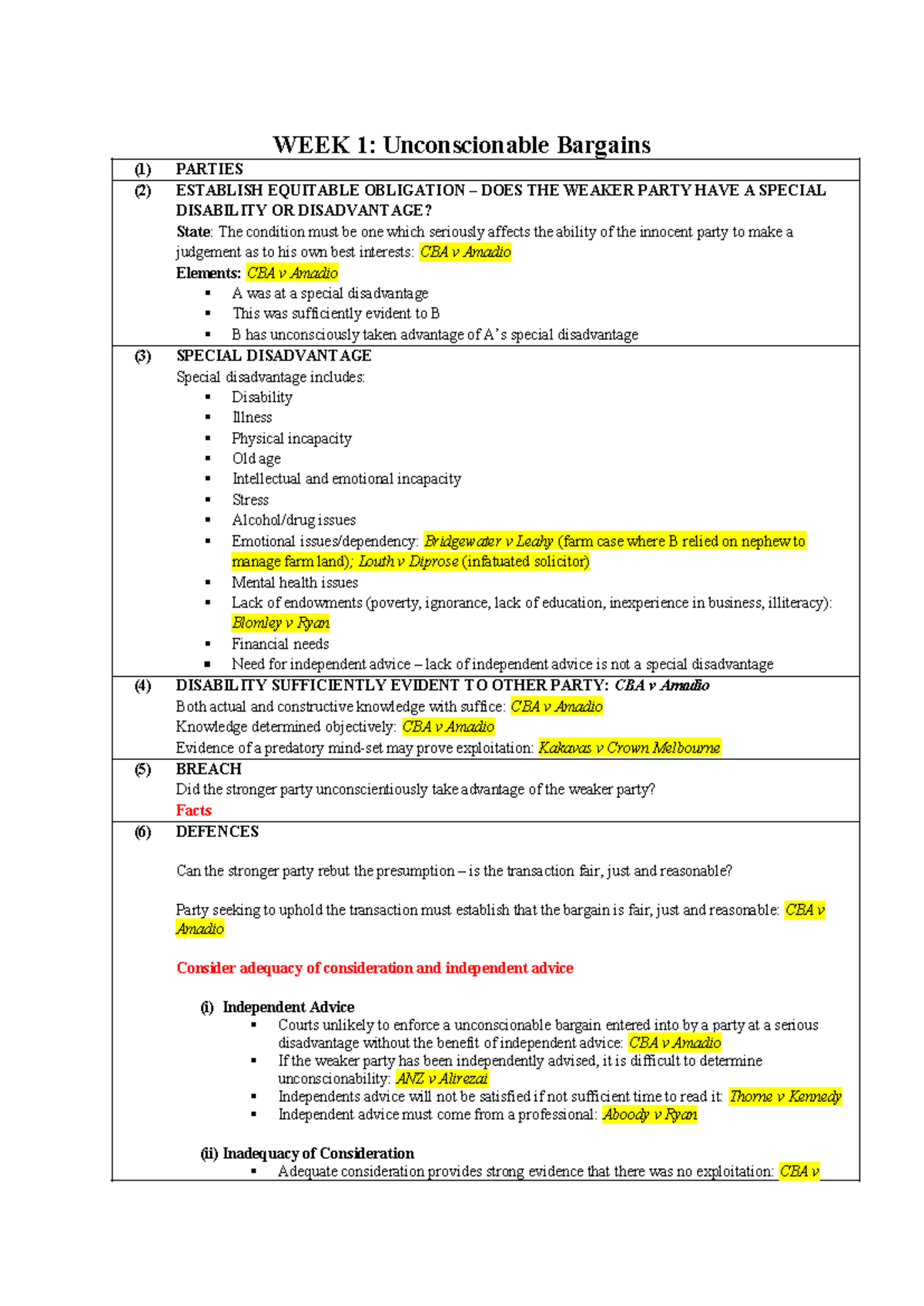 LAW 101: Week 1 Unconscionable Bargain Notes & Tutorial Questions - Studocu