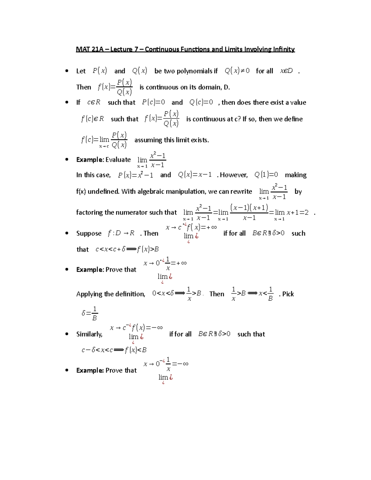 MAT 21A – Lecture 7 – Continuous Functions and Limits Involving ...