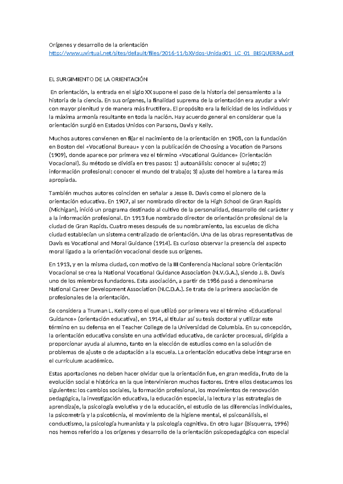 Orígenes y Desarrollo de la Orientación Educativa - LC 01 - Studocu