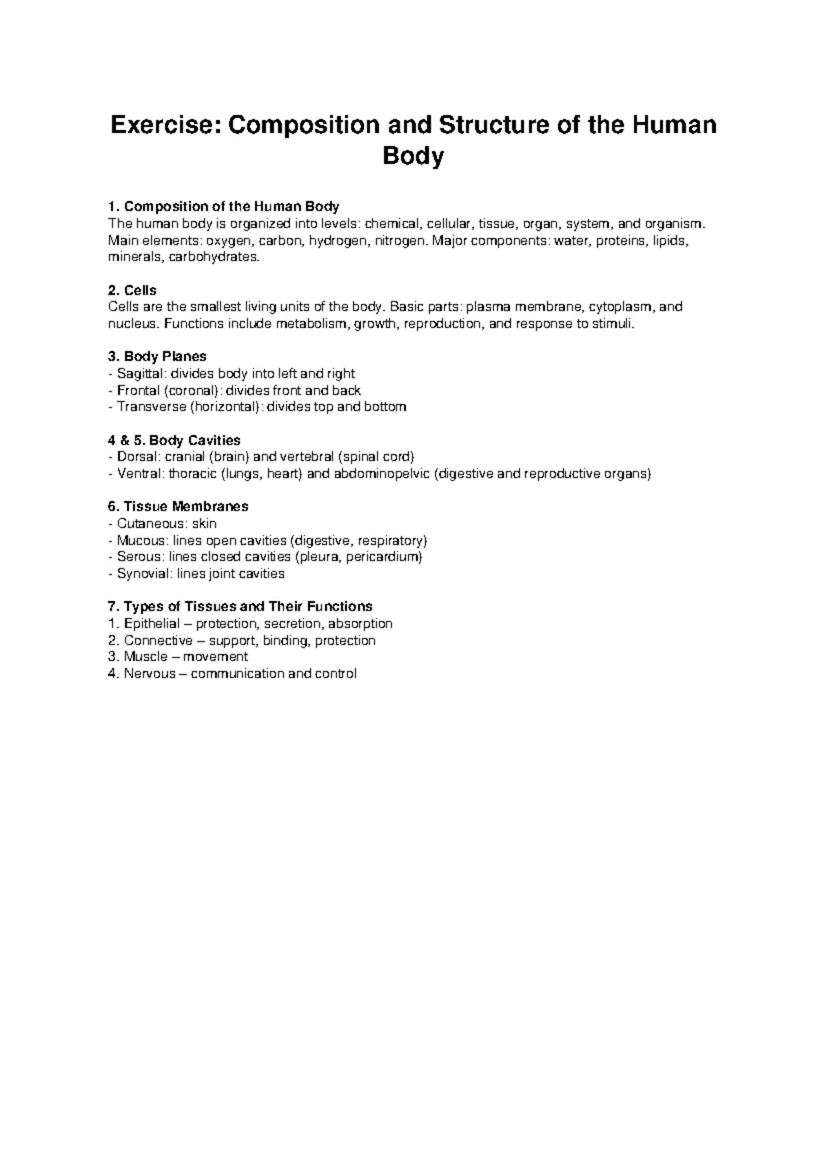 Human Body Structure & Composition Exercise Notes (BIO101) - Studocu