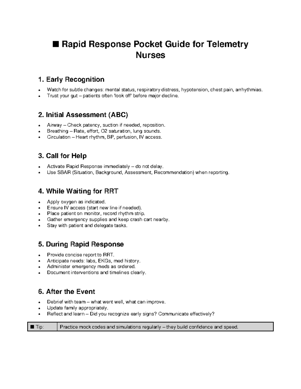 Rapid Response Pocket Guide for Telemetry Nurses: Key Actions and Tips ...