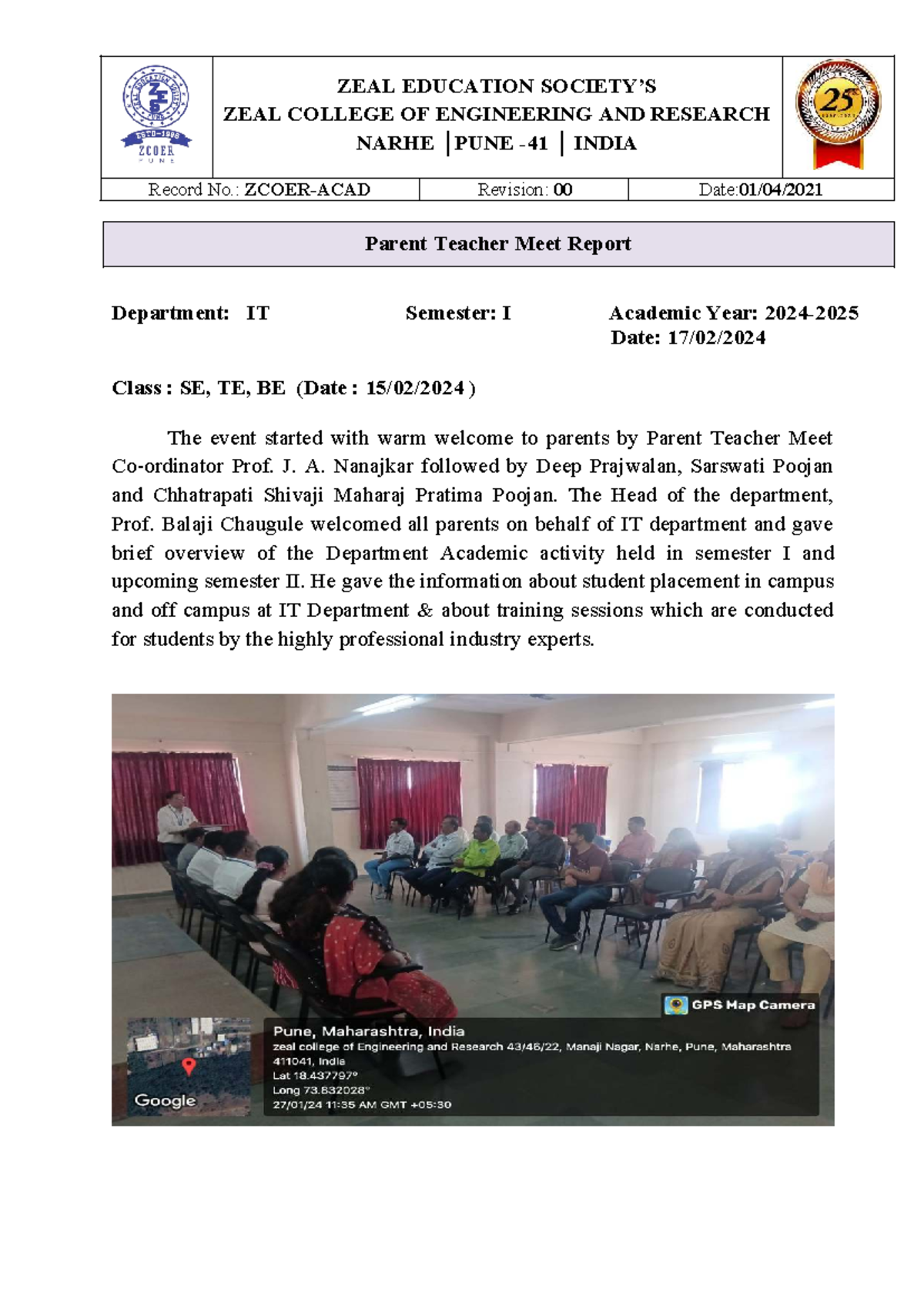 PTM Report for IT Dept. - SE, TE, BE - ZCOER - Sem I - 2024 - Studocu