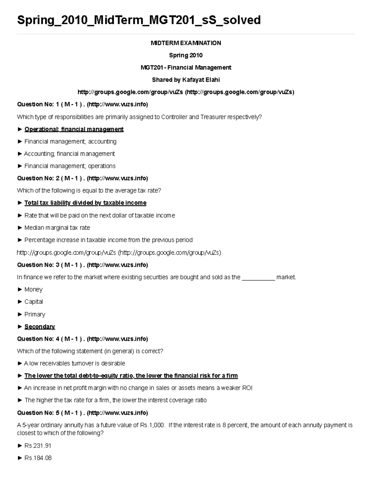 Spring 2010 Midterm Exam Solutions for MGT201 Financial Management ...