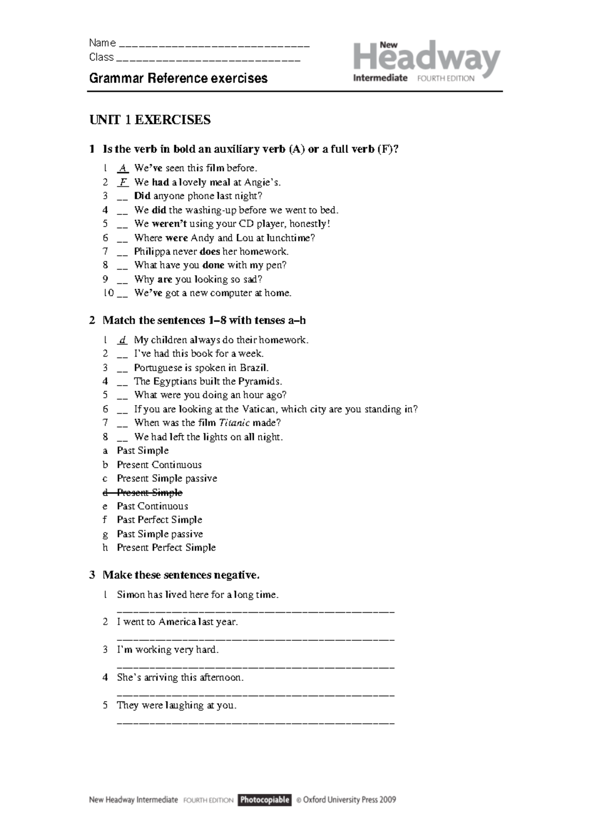 Int A Grammar Revision 1-4: Reference Exercises and Answers - Studocu