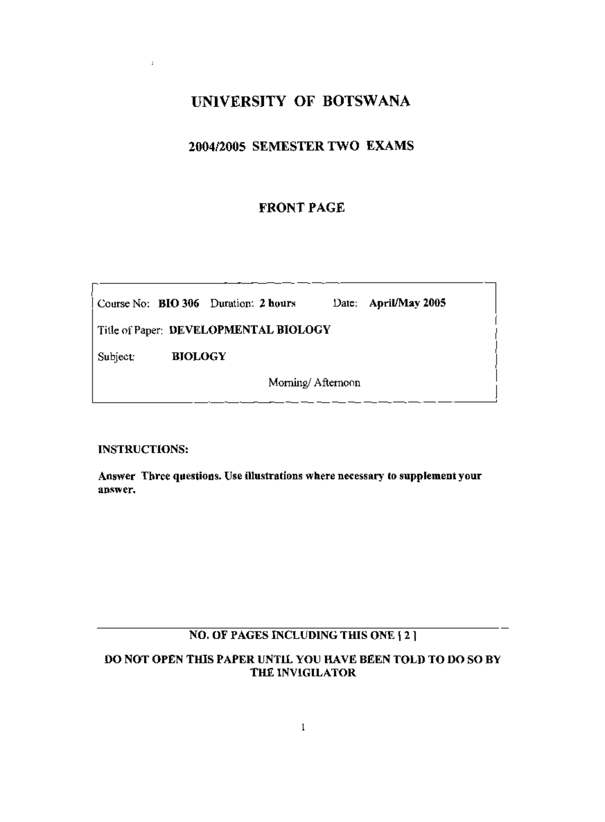BIO 306 Developmental Biology Exam Paper - 2005 - Studocu