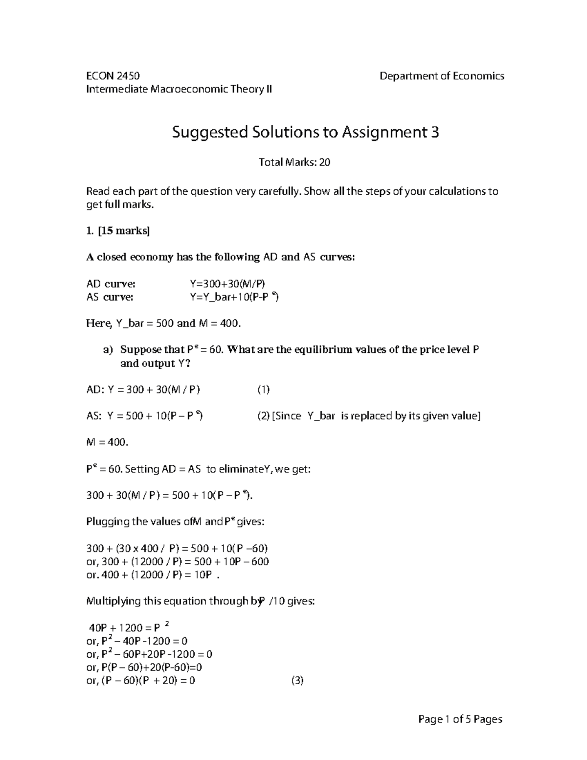 ECON 2450 Intermediate Macroeconomic Theory II: Assignment 3 Solutions ...