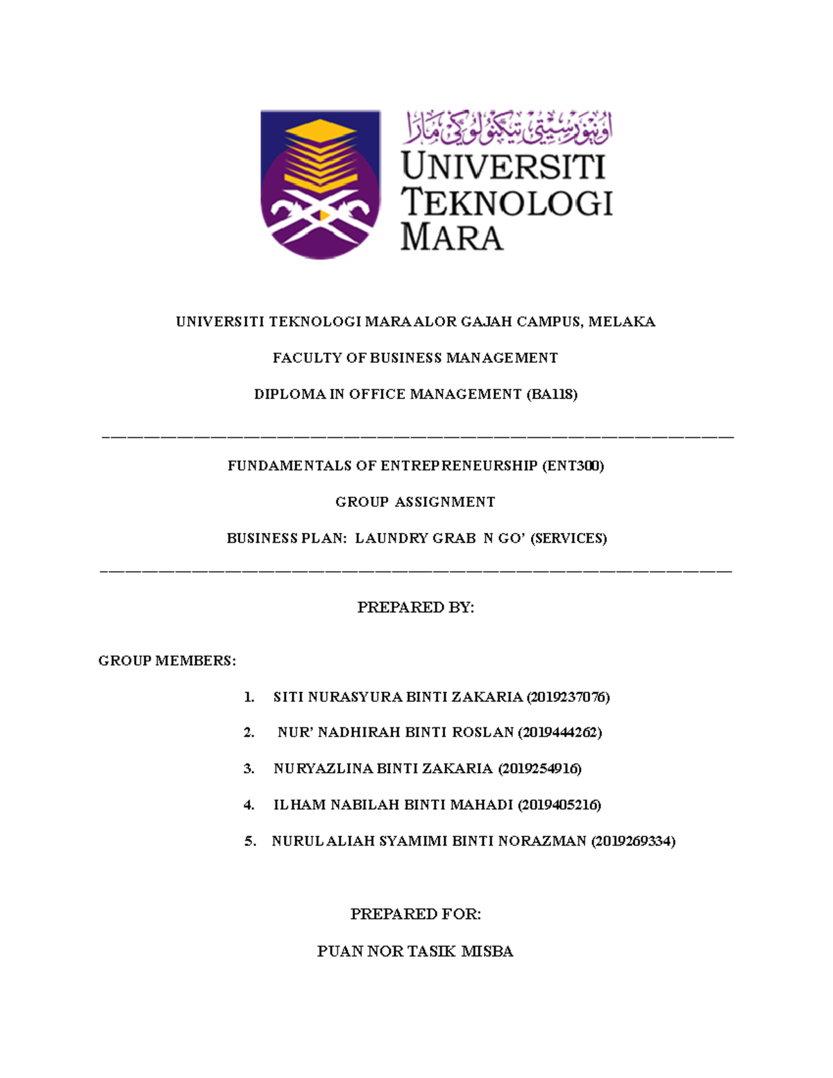 ENT300 - Group Assignment Business Plan for Laundry Grab n Go - Studocu