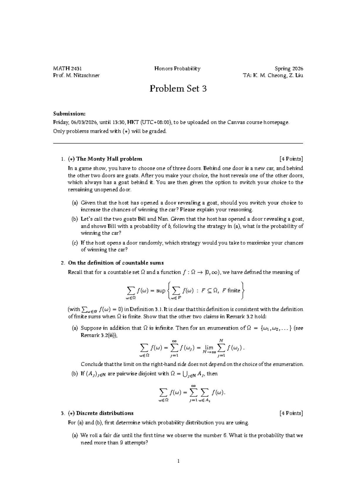 PS3 - MATH 2431 Honors Probability Problem Set 3 Spring 2026 - Studocu