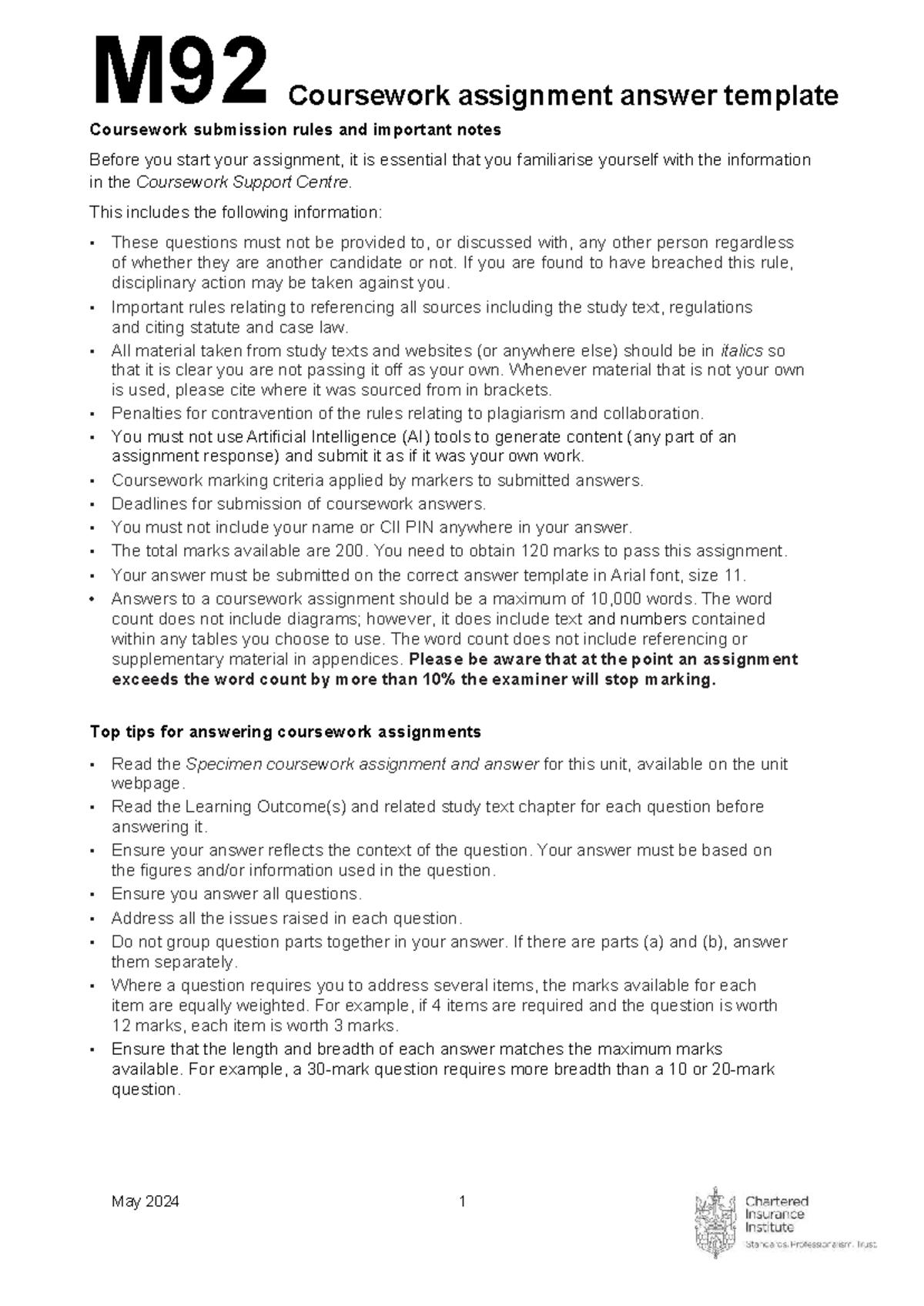 M92 Coursework Assignment Guidelines and Important Notes - Studocu