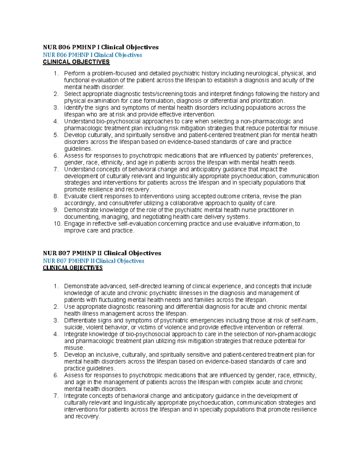 clinical objective - NUR 806 PMHNP I Clinical Objectives NUR 806 PMHNP ...