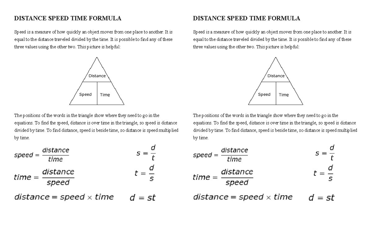 Distance Speed TIME Formula - DISTANCE SPEED TIME FORMULA Speed is a ...