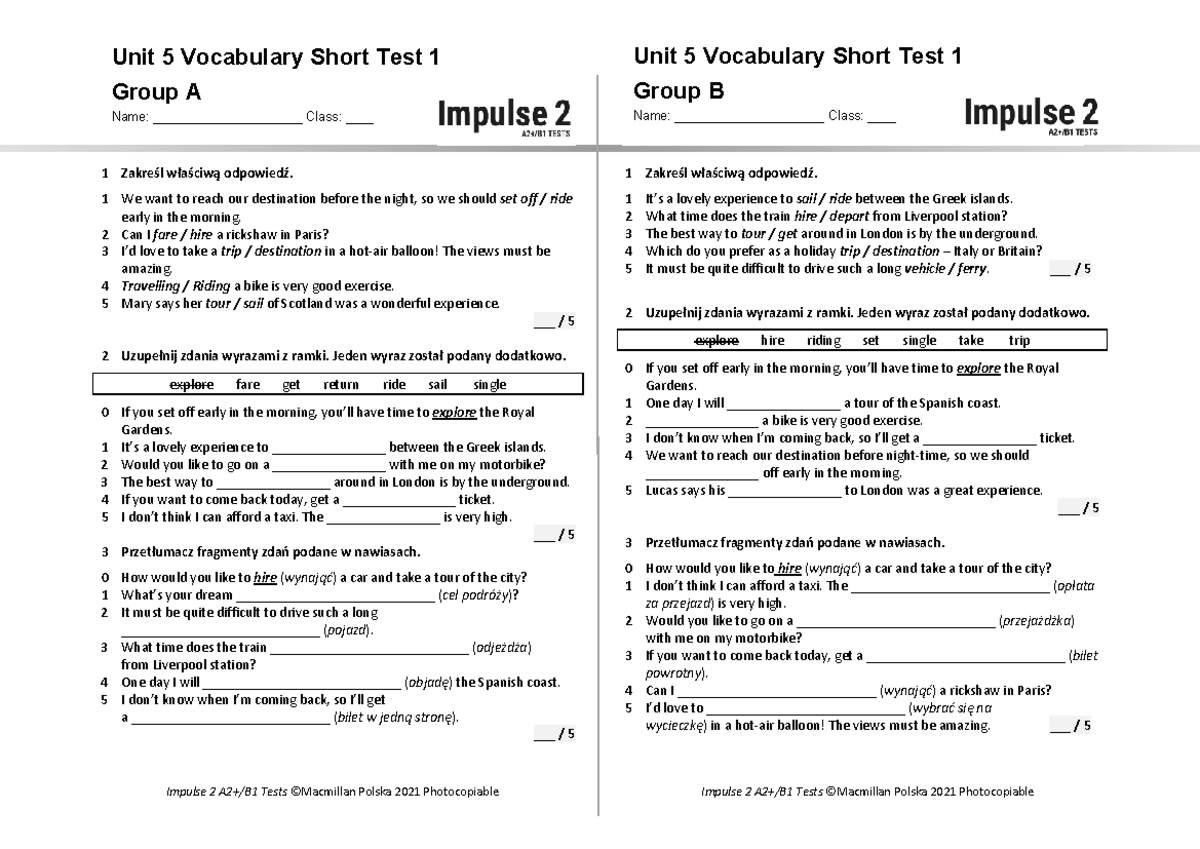 Unit 5 Vocabulary Short Test 1: Groups A & B - Studocu