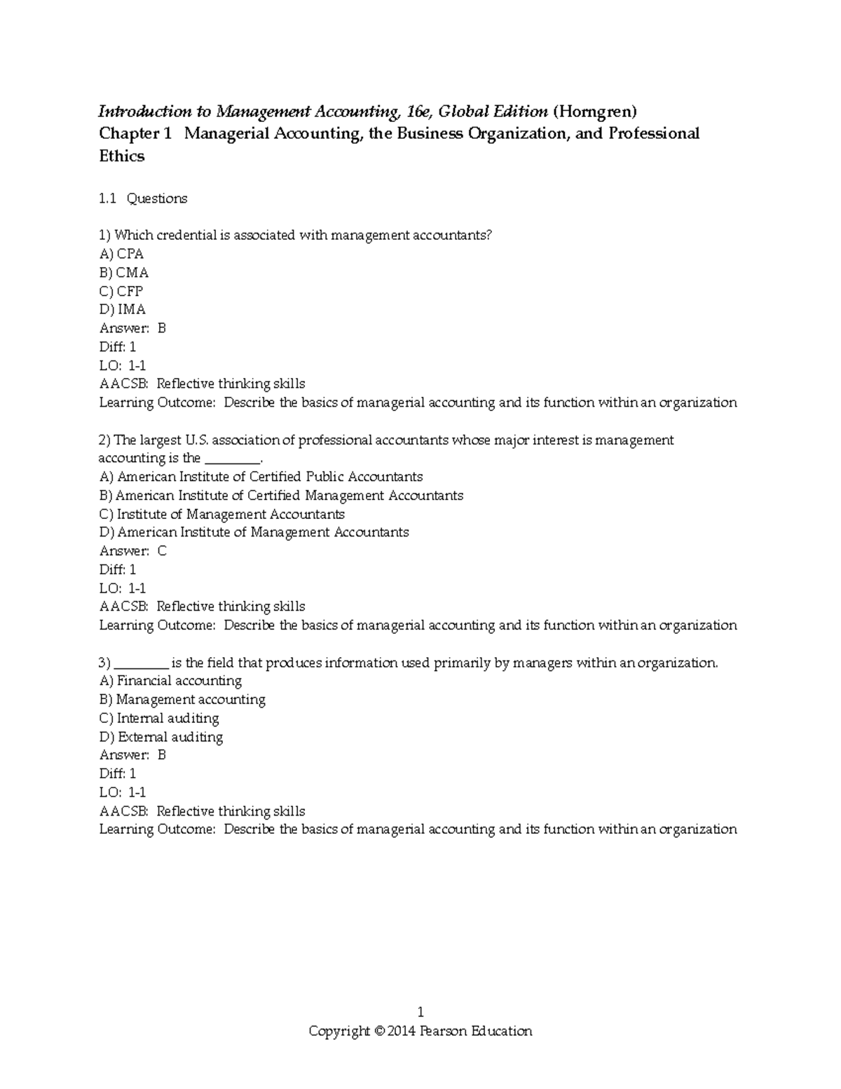 Managerial Accounting 16e: Chapter 1 Test Bank Questions - Studocu